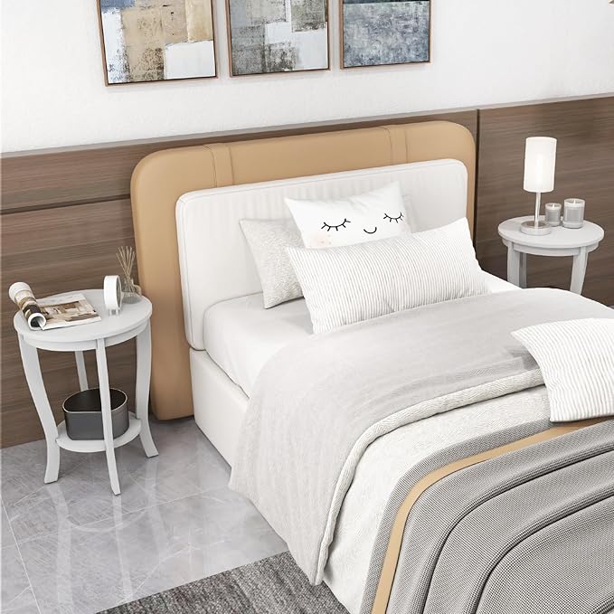 GOFLAME 2-Tier Round End Table, 18” Sofa Side Table with Storage Shelf, Floor Tea Table with Solid Wood Legs, Compact Nightstand for Small Space, Living Room, Bedroom, White