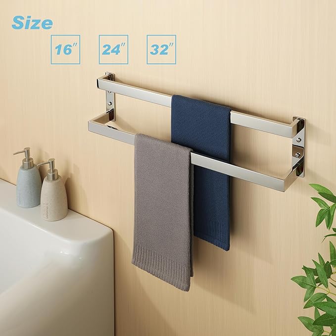 Alise Double Towel Bar 24", SUS304 Stainless Steel Towel Racks for Bathroom Wall Mounted, Heavy Duty Bathroom Towel Holder, Space Saving Towel Hanger, Polished Chrome