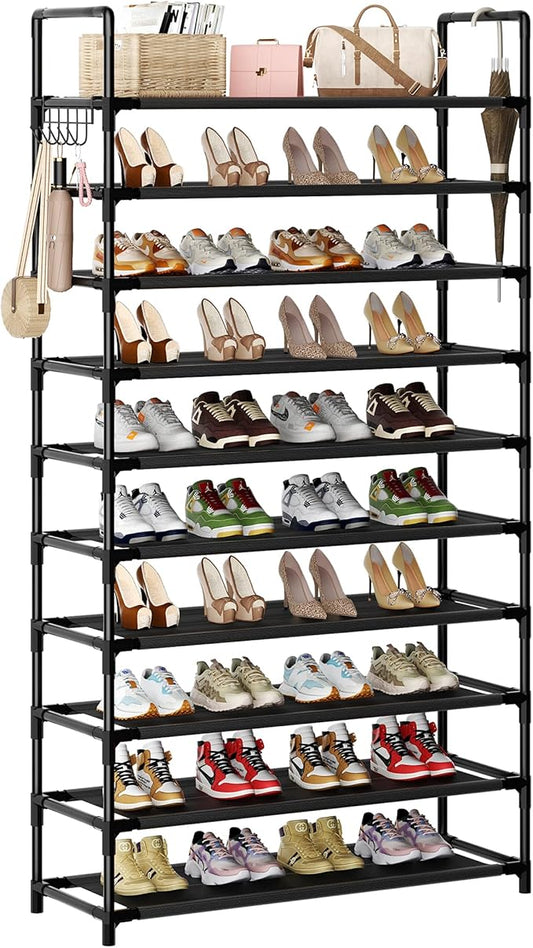 Shoe Rack, 10 Tier Shoe Storage Organizer with Hooks,Fit 40-45 Pairs Shoes,Metal Tall Shoe Shelf for Closet,Entryway, Hallway,Garage,Bedroom,Cloakroom-NeatNest