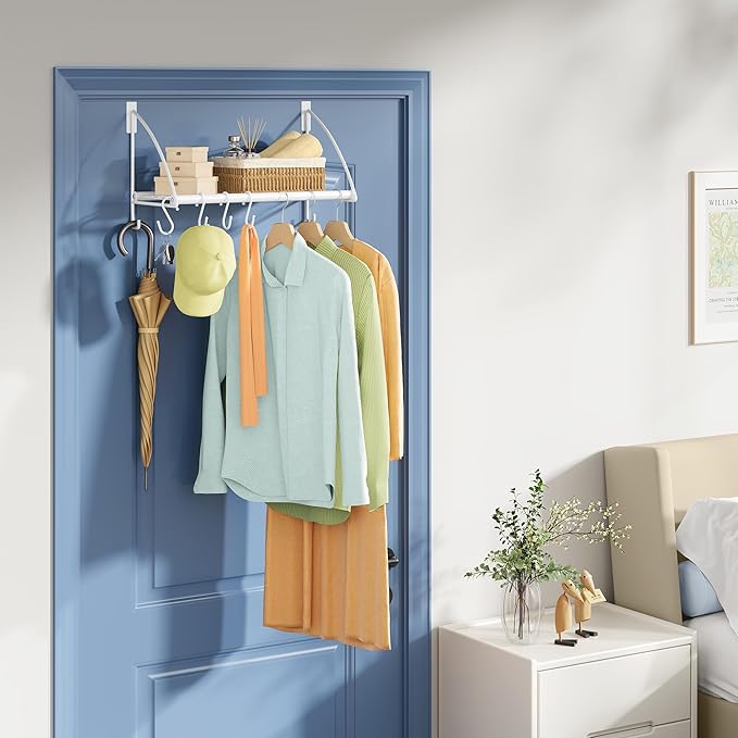 Tajsoon Over The Door Hanger with Storage Rack and 6 Hooks, Over The Door Clothes Rack for Hanging Towel & Coat, Over The Door Clothes Drying Racks for Bathroom, Bedroom, Living Room, White