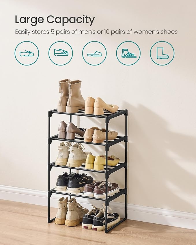 SONGMICS Shoe Rack, 4-Tier Shoe Organizer, Metal Storage Shelf, Upright or Upside Down, for 5-10 Pairs, Stackable, for Entryway, 11.8 x 16.7 x 28.2 Inches, Black ULSA004B01-NeatNest