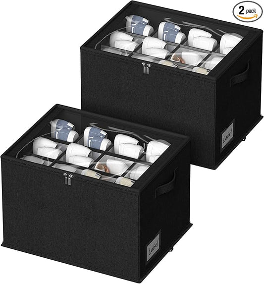2 Pack Shoe Organizer for Closet - Shoe Storage Bins with Clear Cover, Fabric Shoe Storage Containers with Reinforced Handles, Fits up to 24 Pairs (Black, 16.5 * 12.6 * 12.2in)-NeatNest