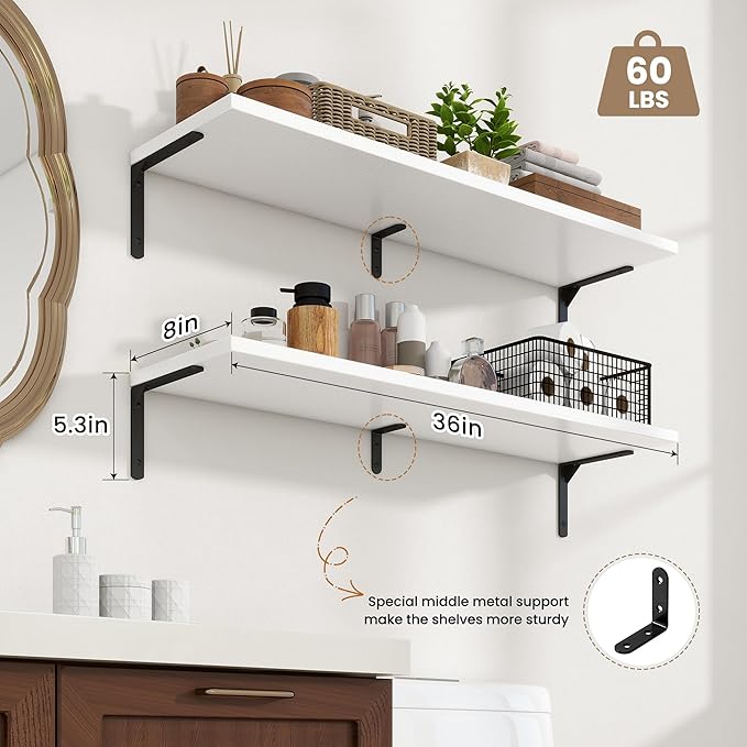 Fun Memories Deep Floating Shelves, 36W x 8D Floating Shelves Set of 2, Wall Mounted Shelf with Metal Brackets, Rustic Wood Wall Shelf for Bathroom, Kitchen and Living Room, White-NeatNest