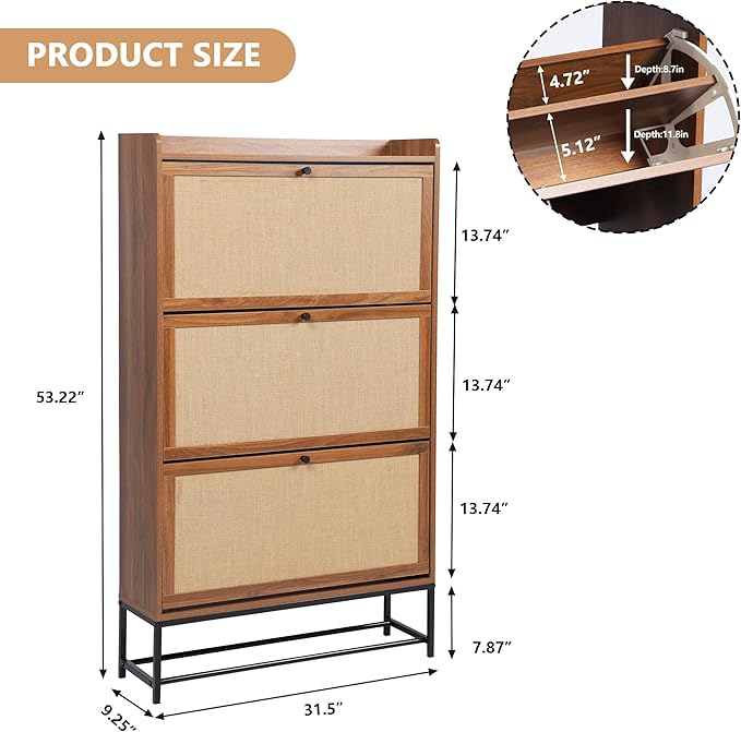 LEVNARY Shoe Storage Cabinet with 3 Flip Drawers, Freestanding Shoe Cabinet Storage Organizer for Entryway, Wooden Narrow Shoe Racks Cabinet with Metal Legs for Hallway (Walnut)-NeatNest