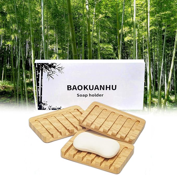 3 Pack Bamboo Soap Dish, Bar Soap Holder with Self Draining Tray, Natural Waterfall Drain Soap Saver, Used for Bathroom, Kitchen-NeatNest
