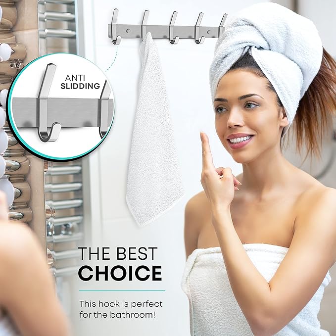 Coat Rack Wall Mount – Brushed Nickel 15 Inch Stainless Steel Hook Rail with 5 Heavy Duty Double Coat Hooks – Wall Mounted Coat Hanger for Entryway, Bathroom, Bedroom, Towel, Hat Organizer-NeatNest