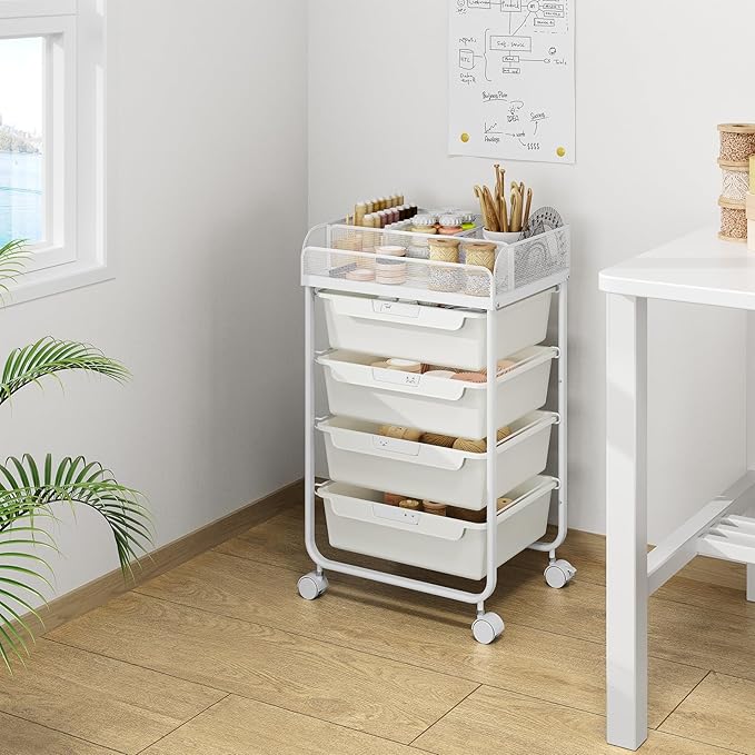 Rolling Cart with 4 Drawers,Craft Cart,Rolling Storage Cart with Drawer,Storage Cart with Drawers, Utility Cart with Drawers,Rolling Drawer Cart & 4 Dividers & 4 PCS DIY Lable,White