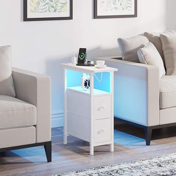 End Table with Charging Station, Narrow Side Table with 2 Fabric Drawers, Skinny Nightstand with LED Light, Slim Bedside Table for Bedroom, Living Room, Small Spaces, White