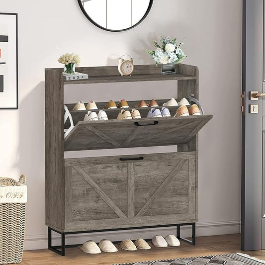 Hidden Shoe Storage Cabinets with 2 Flip Drawers and Metal Legs, Freestanding Narrow Shoe Organizer Rack for Entryway, Rustic Grey-NeatNest