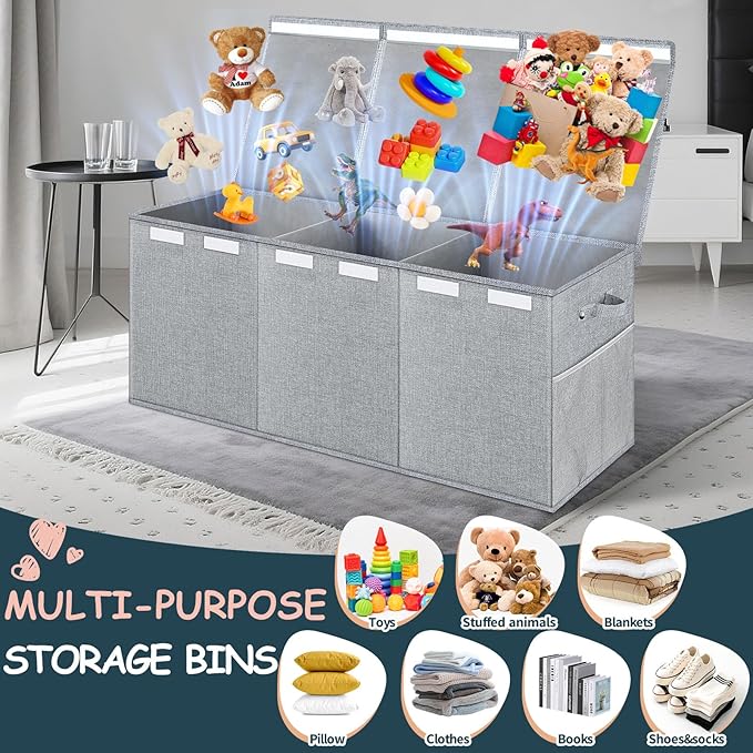 Extra Large Toy Box with Lids - Sturdy Collapsible Kids Storage Organizer Big Bin Chest Basket with Dividers for Boys Girls, Bedroom, Nursery, Living Room, Playroom Organization, 38"x16"x14", Gray