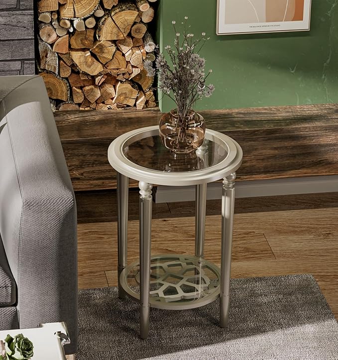 COSIEST Round Side Table, End Table Glass with Wood Frame, Champagne Gold Bedside Table with Modern Style for Living Room, Balcony, Bedroom-NeatNest