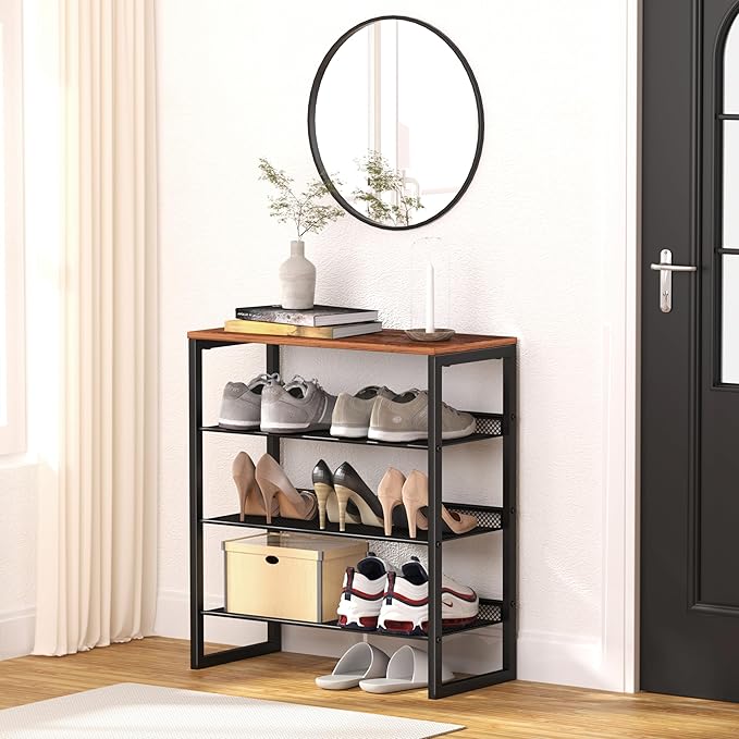 Industrial Shoe Rack - Sturdy Steel Entryway Shoe Organizer with Spacious Top - Strong Mesh Shoe Storage Shelves - Adjustable Shoe Stand for Closet Organization (4-Tier)-NeatNest