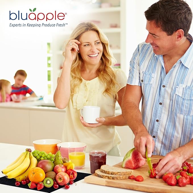 Bluapple FreshMats, Refrigerator Bin Liner, Fridge Drawer Mats, Crisper Life Extender Liner Keeps Produce Fresh Longer, Anti-Bruising, for Air Circulation, Washable & Reusable (4-Mats, 12x15, Black)
