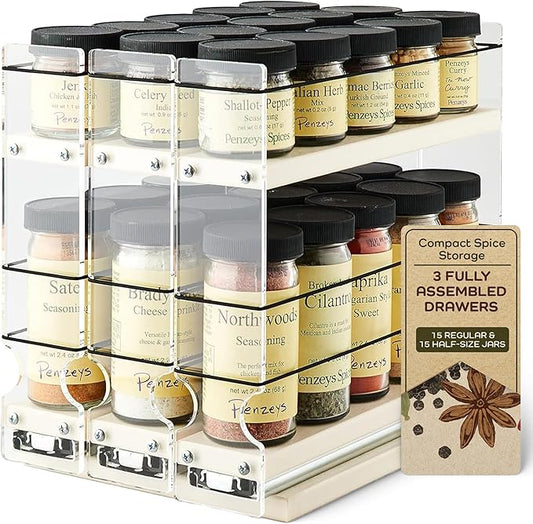 Vertical Spice Cabinet Mounted Spice Rack Organizer - 3 Drawers,15 Reg. & 30 Half Sized Spice Jars - Pantry Organizers & Storage - Pullout Shelf for Kitchen Cupboard (6.9''W x 9.25''H x 10.6"D, Cream)