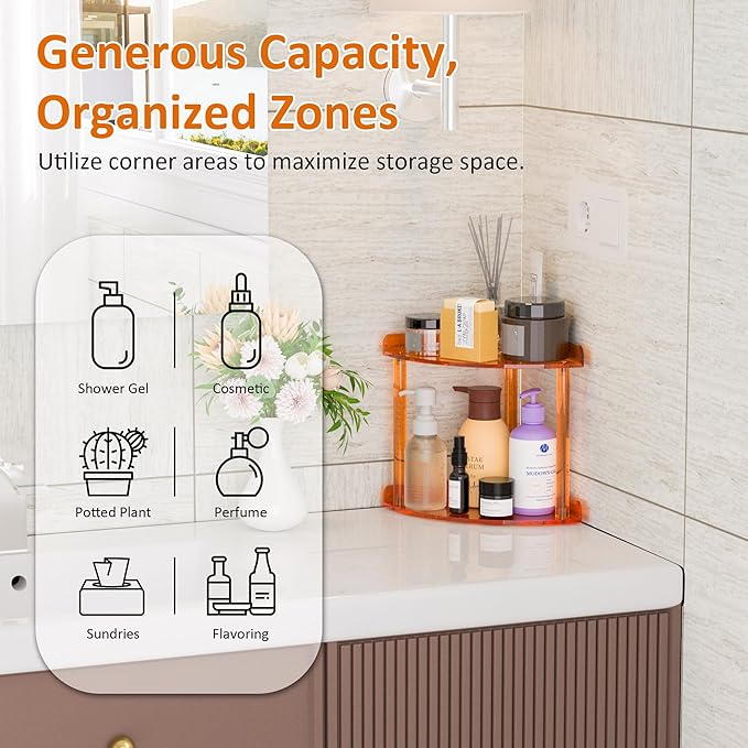 2 Tier Countertop Corner Organizer Shelf 7x7x8 Inch, Orange Acrylic Bathroom Corner Shelf for Countertop, Vanity Storage for Skincare, Cosmetics, Perfume-NeatNest