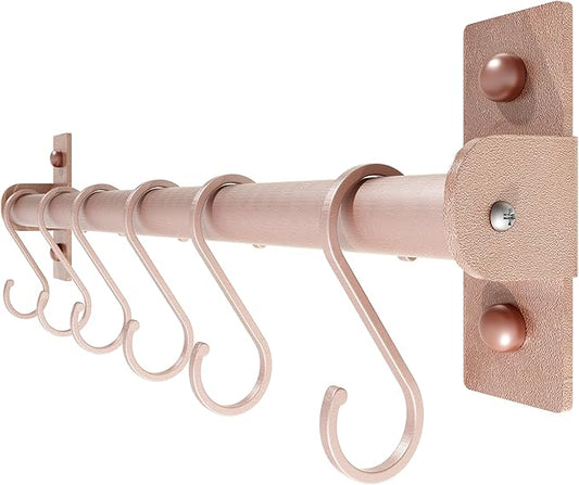 Dseap Kitchen Utensil Holder Hanger, Pot and Pan Rack Wall Mounted, Kitchen Rail with 8 Hooks for Hanging Cooking Utensils, Mugs, Spoons, Wall Mounted, Rose Gold-NeatNest