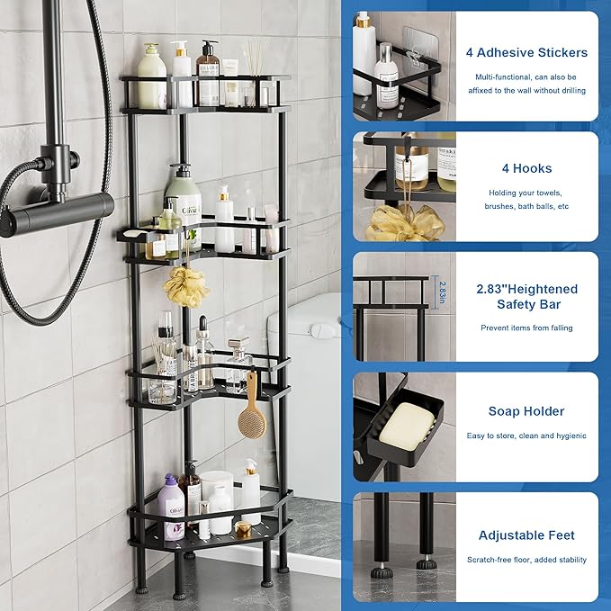 FJNATINH Corner Shower Caddy - 4-Tier Bathroom Organizer with Adjustable Feet, Heavy Duty Shower Shelf for Shampoo, Soap, Towels - Easy Install, No Drilling Required