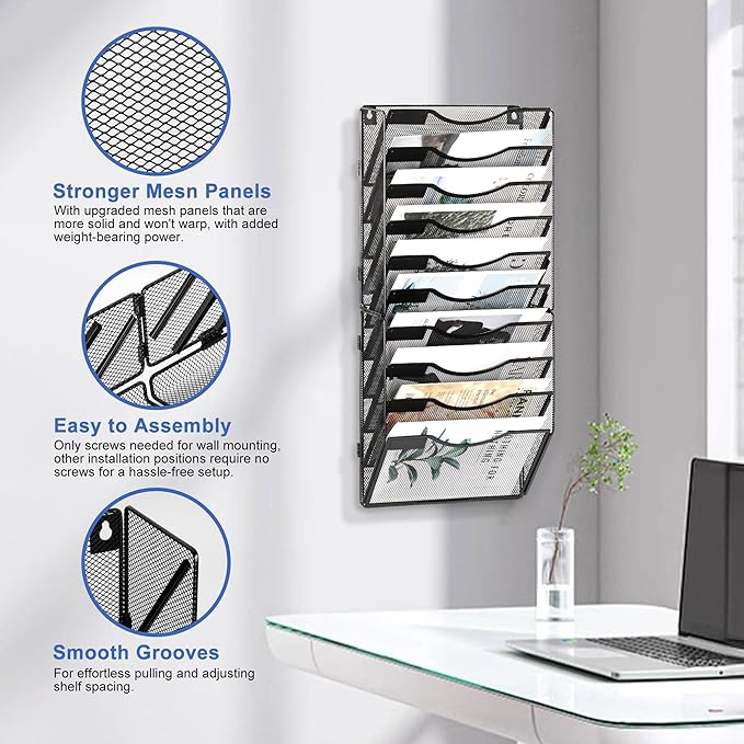 EasyPAG 10 Pocket Wall File Organizer, Black | Metal Mesh Wall Mounted File Holder | Assembly Hanging Mail Organizer | Replaceable Classify Labels | Office Home Letter Size Paper Storage