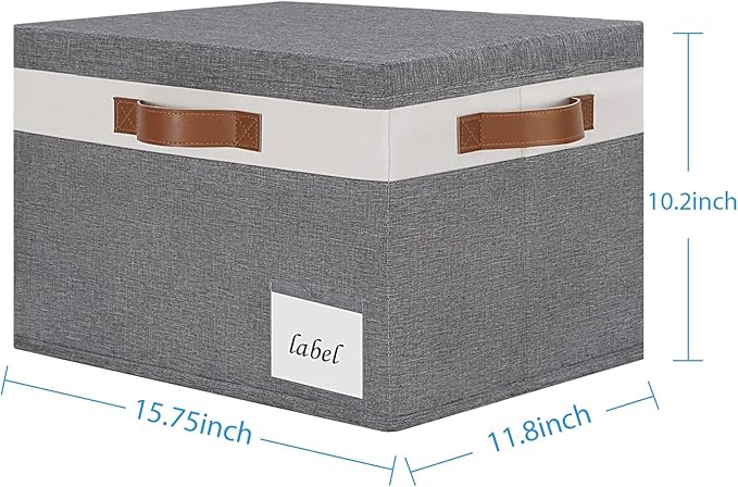 Extra Large Storage Bins with Lids, Foldable Fabric Storage Baskets with Lids, Sturdy Storage Boxes with Labels and 3 PU Handles for Closet Home Bedroom Office (32L, 3 Packs, Grey&White)-NeatNest