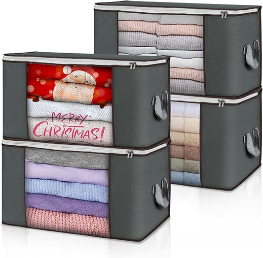 Large Storage Bags, 4 Pack Clothes Storage Bins Foldable Closet Organizers Storage Containers with Durable Handles Thick Fabric for Blanket Comforter Clothing Bedding 90 L (Gray)-NeatNest