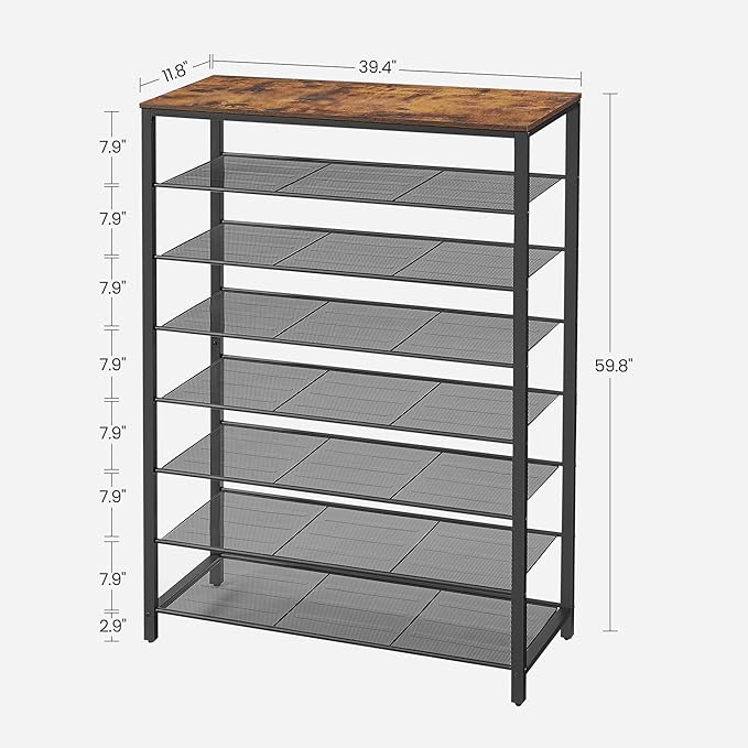 VASAGLE 8 Tier Shoe Rack, Shoe Organizer for Closet, Entryway, 32-40 Pairs of Shoes, Large Shoe Rack Organizer with 7 Metal Mesh Shelves, 11.8 x 39.4 x 59.8 Inches, Rustic Brown and Black ULBS012B01-NeatNest