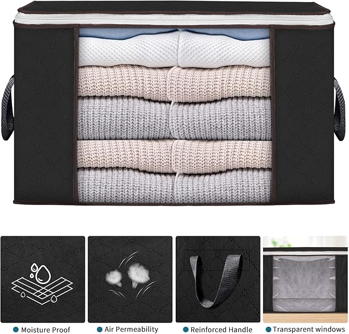 Budding Joy 90 L Large Storage Bags, 10 Pack Clothes Storage Bins Foldable Closet Organizers Storage Containers with Reinforced Handle for Clothing, Blanket, Comforters, Bed Sheets, Pillows (Black)-NeatNest