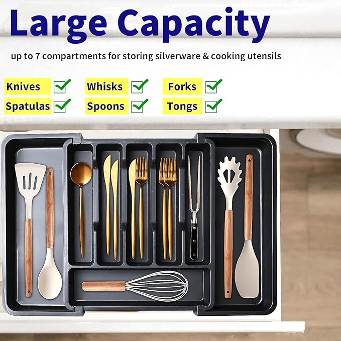 INFTYLE Kitchen Utensil Drawer Organizer,Expandable Utensil tray for Kitchen,Plastic Spatula Tools Adjustable Cutlery Storage for Forks, Knives, Multipurpose Kitchen Organizers,Black-NeatNest