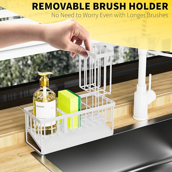 Cisily Sink Caddy Sponge Holder for Kitchen Sink, 304 Stainless Steel Rustproof, Kitchen Sink Caddy with High Brush Holder, Kitchen Sink Organzier Dish Sponge Organizer with Divider(White)-NeatNest