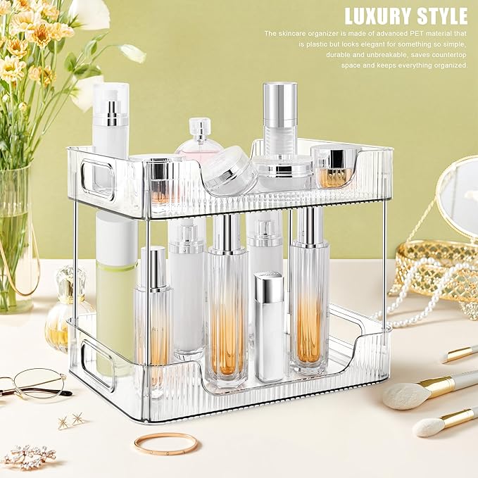 2-Tier Bathroom Counter Organizer Countertop Storage, Dresser Organizer Vanity Tray for Makeup, Perfume Organizer Cosmetics Skincare Shelf- Clear-NeatNest