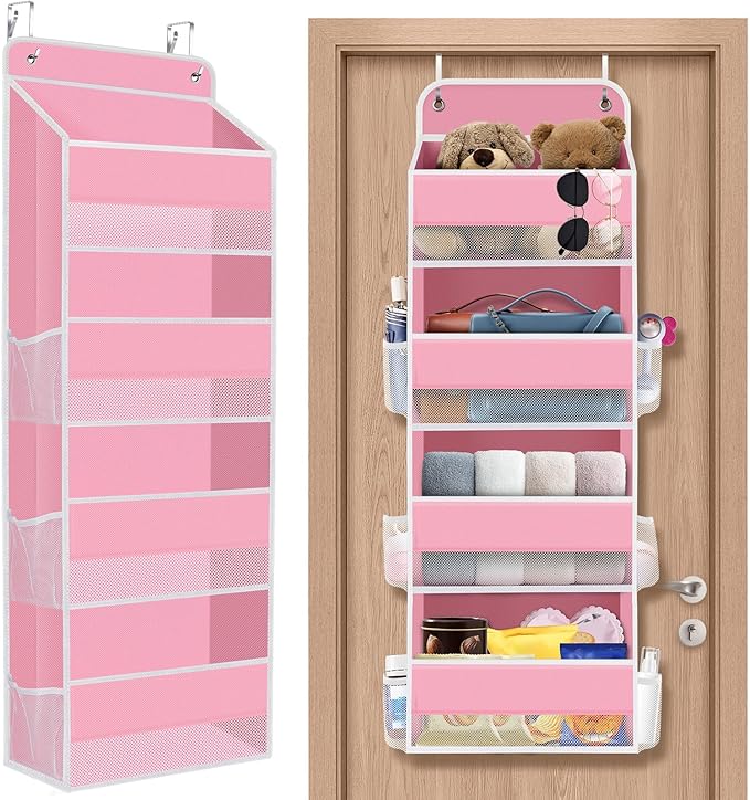 1 Pack Over The Door Organizer Hanging Storage Organizers with Clear Window 40lb Large Capacity Room Organizer for Pantry Laundry Bathroom Nursery Closet(Pink)-NeatNest