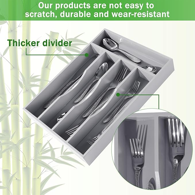 Greenual Gray Silverware Organizer 10 In Utensil Organizer Silverware Tray for Drawer Cutlery Flatware Organizer for Kitchen Bamboo Wood-NeatNest