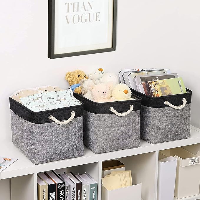 TheWarmHome Storage Basket for Organizing - 16x12x12 inch Cube Storage bin 3 Pack Fabric Storage Cubes, Collapsible Storage Box for Organizer Cloth Gift Toy Closet (Black & Grey)-NeatNest