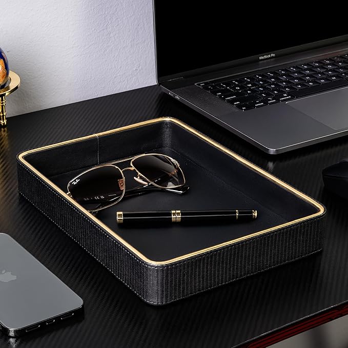 Black Leather Valet Tray for Men| Catch All| Bedside Organizer for Nightstand| Cologne Tray for Men-NeatNest