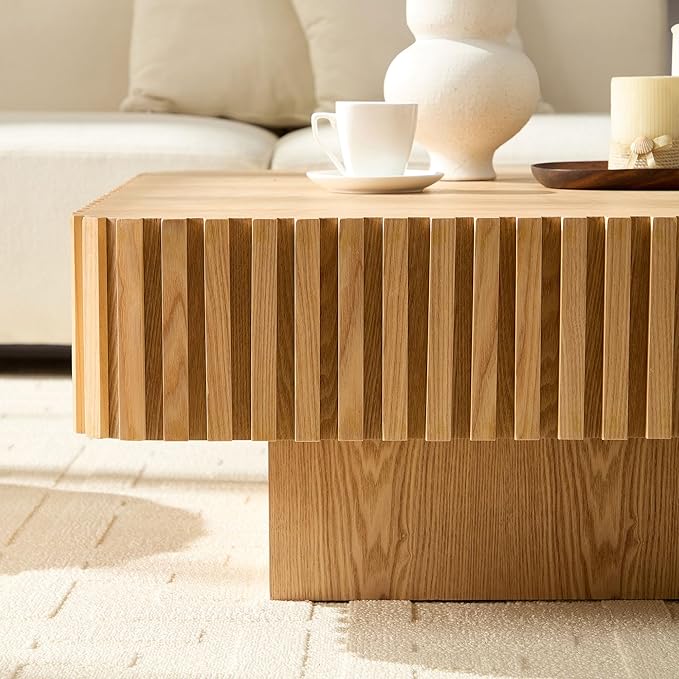 35.43" Square Fluted Drum Coffee Table, Handcrafted Accent Coffee Table Modern Contemporary Pedestal Table for Living Room Small Space - Oak