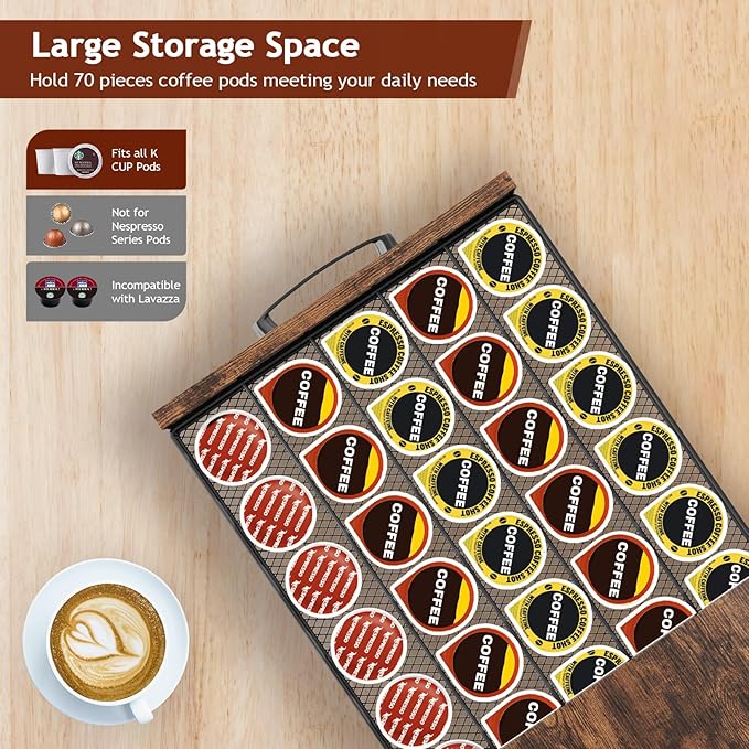 K Cup Holder Drawer - K Cup Storage Organizer, Coffee Pod Drawer with Hooks, Durable Iron-Wood Design, Space-Saving Coffee Station Organizer for Kitchen Counter-NeatNest