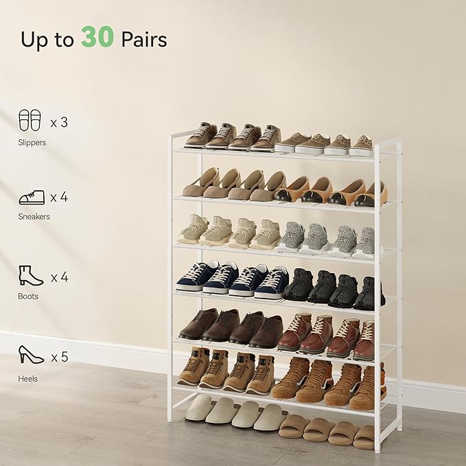 Shoe Rack, Metal Shoe Organizer, 6 Tier Garage Shoe Rack Max Holds 30 Pairs,Shoe Storage Shelf for Closet,Entryway,White-NeatNest