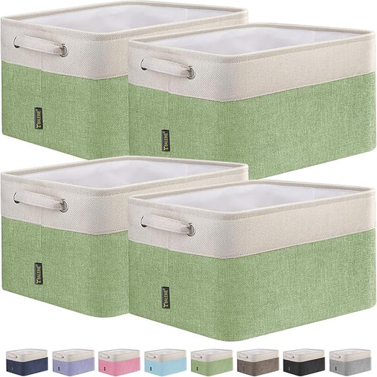 BALEINE 4 Pack Fabric Storage Bins for Shelves, Linen Storage Baskets for Organizing, Decorative Closet Bins for Clothes, Home (Green, 15''x11''x9.5'')-NeatNest