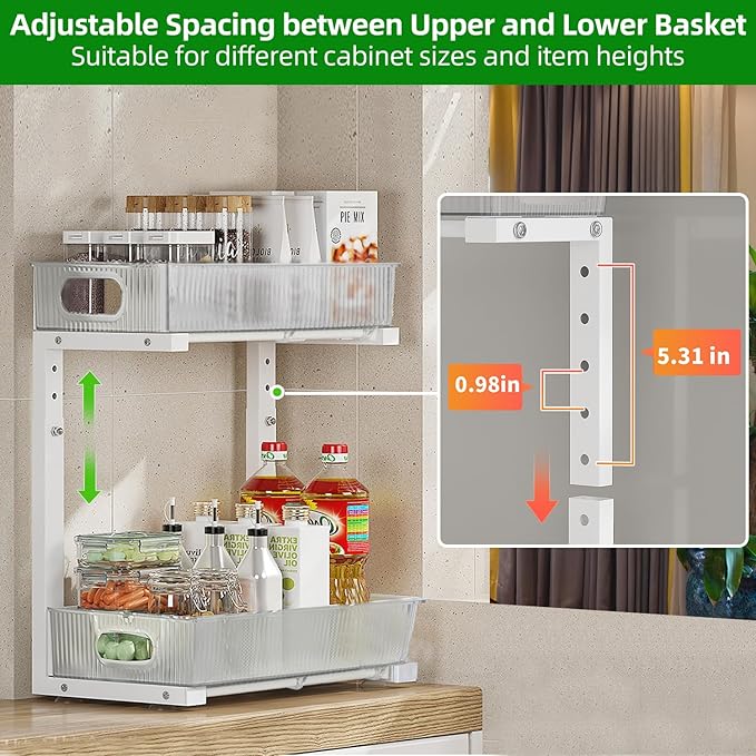 2 Pack Under Sink Organizer, Pull Out Cabinet Organizer 2 Tier Slide Out, Under Sink Organizers and Storage Height Adjustable for Kitchen Bathroom Cabinet, Metal-NeatNest