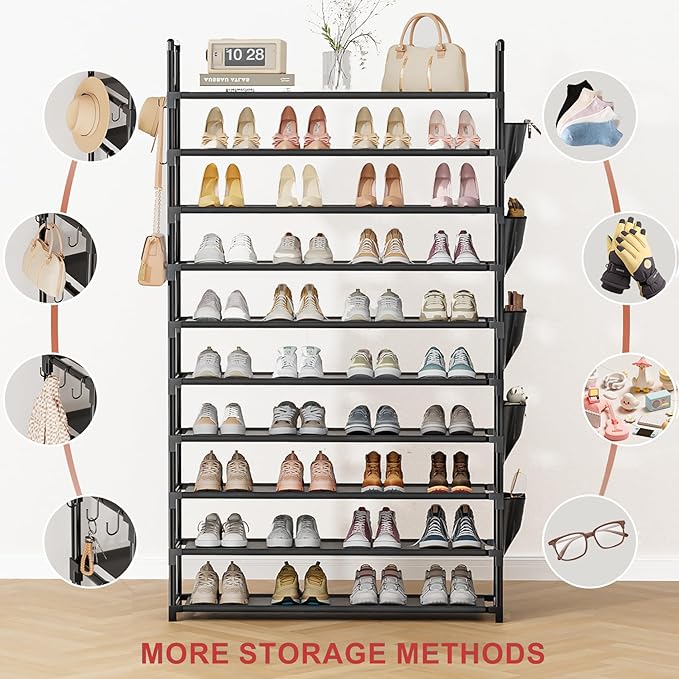 Tall Shoe Rack 10 Tier Shoe Racks Organizer for Closet 40-45Pairs,Large Capacity Storage Rack for Shoes with 5Hooks,Sturdy Metal Shoe Shelf, Vertical Shoe Stand Tower-NeatNest