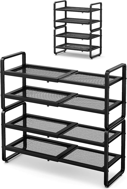 Shoe Rack - Expandable Shoe Organizer for Closet, Adjustable Metal Shoe Shelf Storage, 4 Tier Stackable Long Shoe Stand Holder for Garage, Entryway, Door Entrance, Black-NeatNest