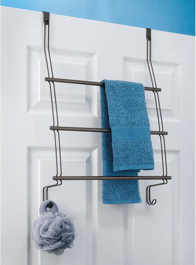 iDesign Classico Steel Over-The-Door Towel Rack with Storage Hooks - 16.75" x 4.25" x 24", Bronze