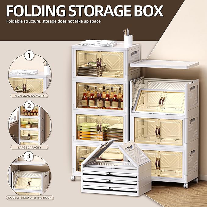 200 QT / 50 Gal Stackable Collapsible Storage Bins (1 Lid) with Magnetic Doors & Wheels - Plastic Cabinet Organizer for Home Office Closet, White Space-Saving Containers-NeatNest
