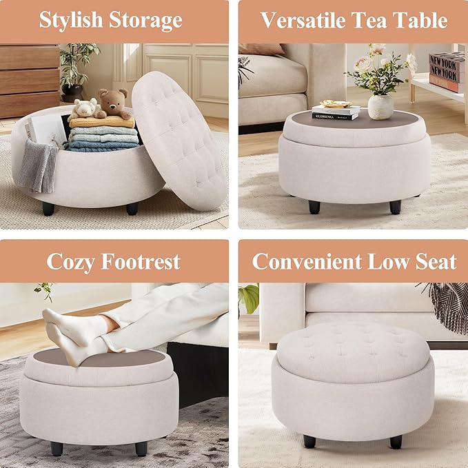 COLAMY Fabric Round Storage Ottoman with Reversible Tray Lid – Multi-Functional Footrest, Hidden Storage, Sturdy & Stylish Small Coffee Table for Living Room, Bedroom, or Entryway(Beige)-NeatNest