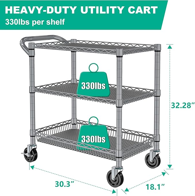 Rolling Cart with Wheels, Heavy Duty 3 Tier Metal Utility Cart 990lbs Capacity, Multi-Purpose Wire Rolling Storage Trolley for Kitchen Garage Office Commercial Use, Gray