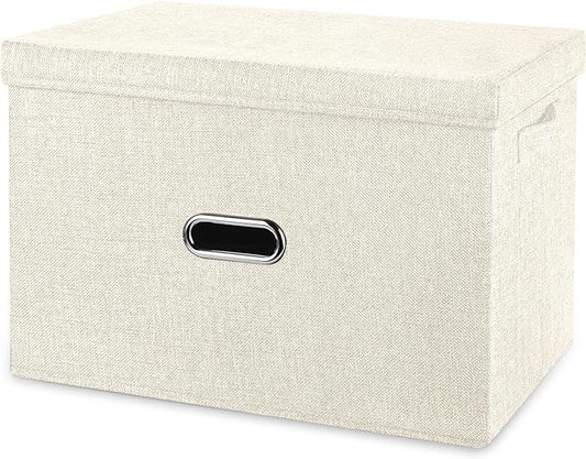 Large Linen Fabric Foldable Storage Bins with Removable Lid and Handles, Washable Storage Box Organizer Containers Baskets Cube with Cover for Bedroom,Office(Cream, Small)-NeatNest