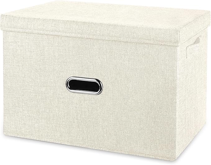 Large Linen Fabric Foldable Storage Bins with Removable Lid and Handles, Washable Storage Box Organizer Containers Baskets Cube with Cover for Bedroom,Office(Cream, Large)-NeatNest