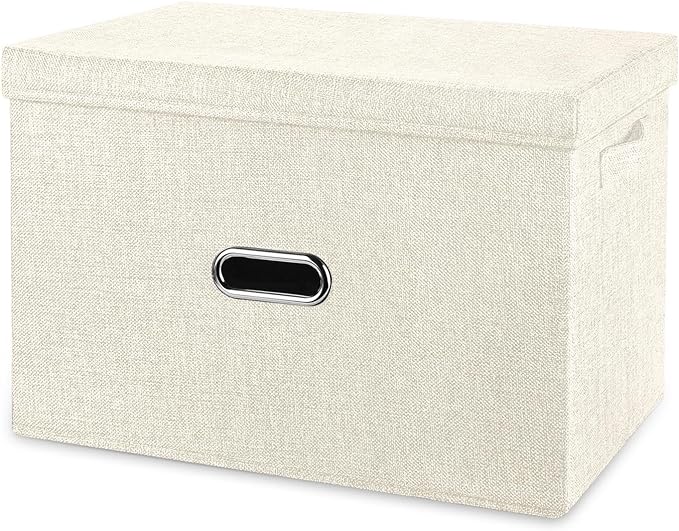 Large Linen Fabric Foldable Storage Bins with Removable Lid and Handles, Washable Storage Box Organizer Containers Baskets Cube with Cover for Bedroom,Office(Cream, Extra Large)-NeatNest