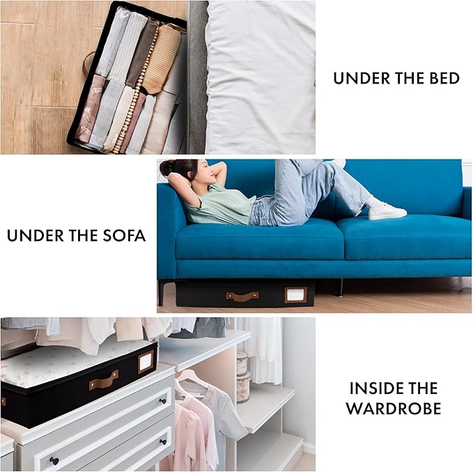 HOMELUX THEORY 2pc Under Bed Storage Containers, Bedroom Under the Bed Drawer Storage Organizer with Bins and Lids, Medium Underbed Clothes Storage Box Ideal for Blanket, Fabric, & Shoes (Black)-NeatNest