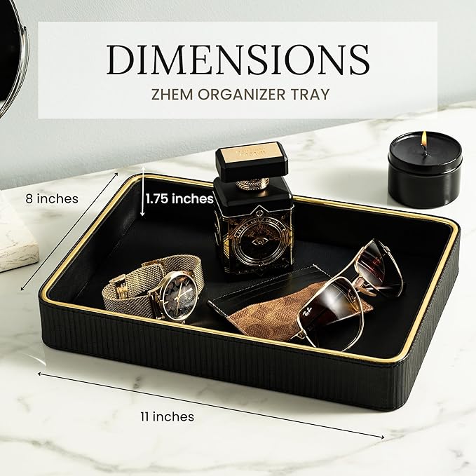 Black Leather Valet Tray for Men| Catch All| Bedside Organizer for Nightstand| Cologne Tray for Men-NeatNest