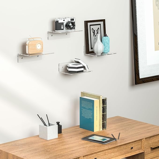 9 Inch Clear Wall Shelves, Acrylic Small Floating Shelf, Home Wall Display Shelf for Storage, Room Décor, Space Saving, Items Organizer, Bathroom Organizer, 4 Pack-NeatNest